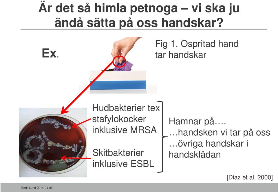 Ospritad hand tar handskar Hudbakterier tex stafylokocker