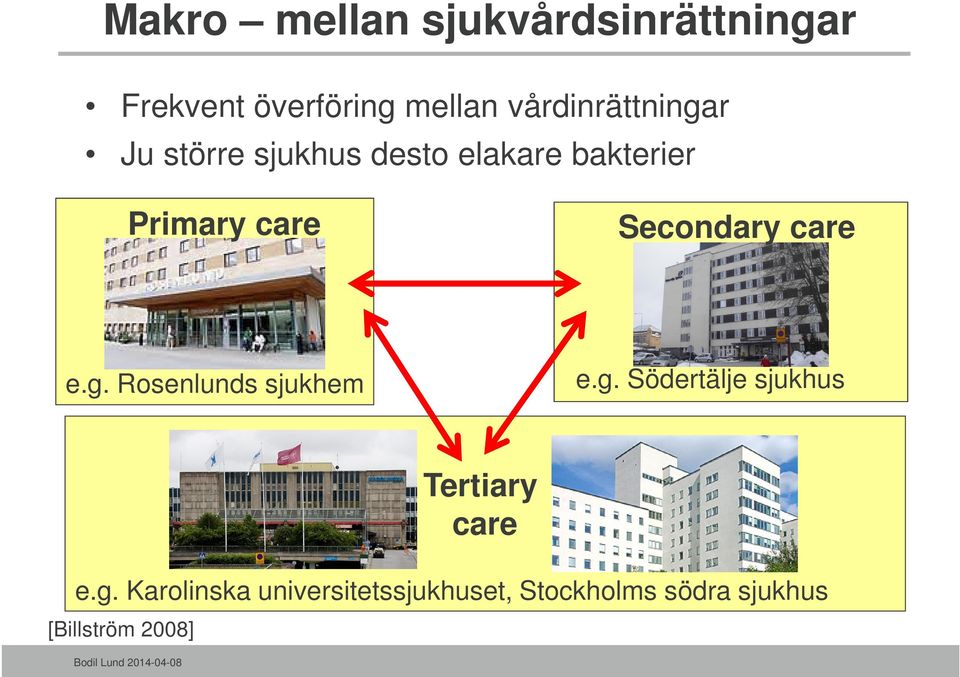Secondary care e.g. Rosenlunds sjukhem e.g. Södertälje sjukhus [Billström 2008] Tertiary care e.