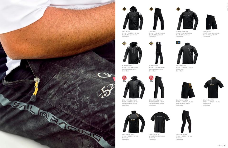 Orca Spray Top 911 101 3 000 SEK XS XXL Schöller 3x dry Orca Softshell Jacket 911 600 3 000 SEK XS XXL Gore Windstopper Softshell Orca Softshell Pant 911 601 2 500 SEK XS XXL Gore W indstopper