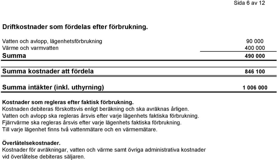 uthyrning) 1 006 000 Kostnader som regleras efter faktisk förbrukning. Kostnaden debiteras förskottsvis enligt beräkning och ska avräknas årligen.
