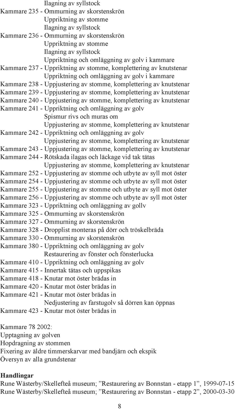 komplettering av knutstenar Kammare 239 - Uppjustering av stomme, komplettering av knutstenar Kammare 240 - Uppjustering av stomme, komplettering av knutstenar Kammare 241 - Uppriktning och