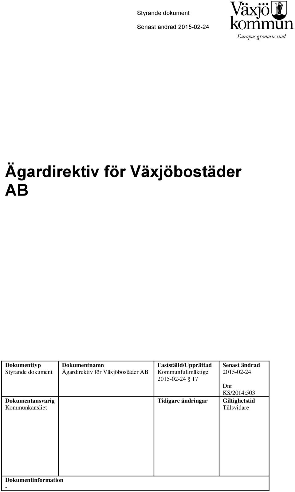 Växjöbostäder AB Fastställd/Upprättad Kommunfullmäktige 2015-02-24 17 Tidigare