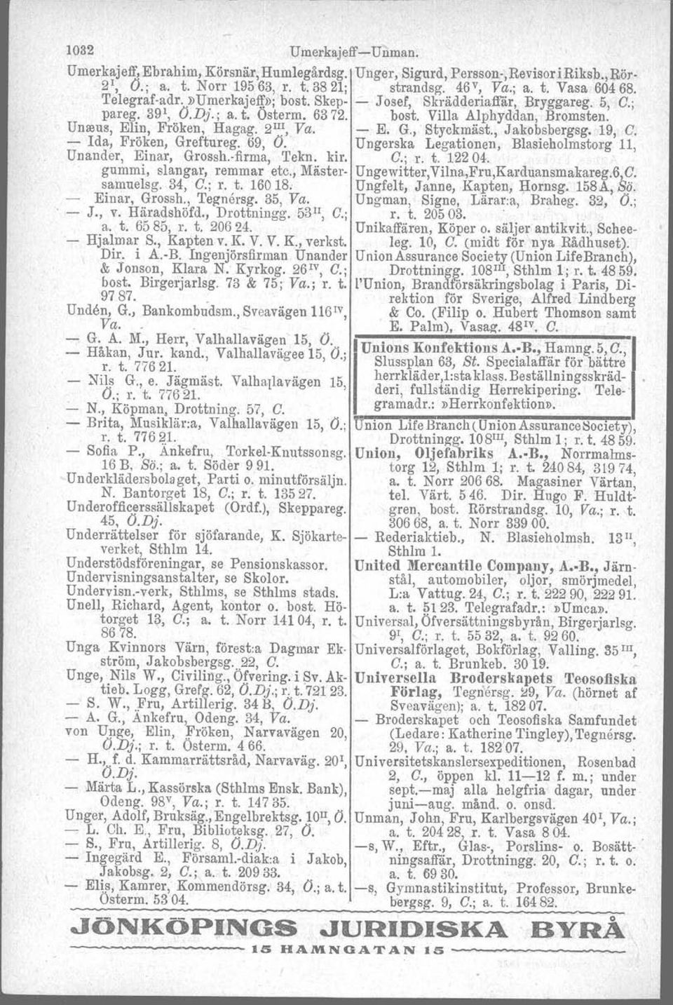 G.,' Styckmäst., Jakobsbergsg. 19, C. - Ida, Fröken, Greftureg. 69, O. Ungerska Legationen, Blasieholmstorg 11, Unander, Einar, Grossh.-firma, Tekn. kir, C.; r. t. 12204. gummi, slangar, remmar etc.