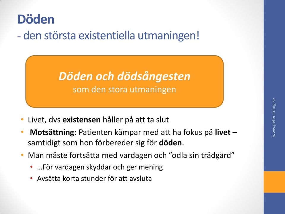 Motsättning: Patienten kämpar med att ha fokus på livet samtidigt som hon förbereder sig för