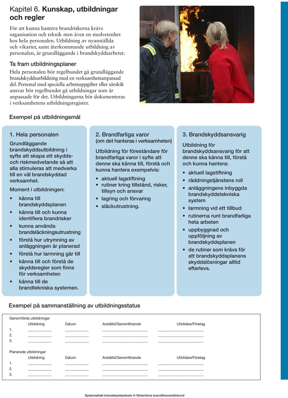 Ta fram utbildningsplaner Hela personalen bör regelbundet gå grundläggande brandskyddsutbildning med en verksamhetsanpassad del.