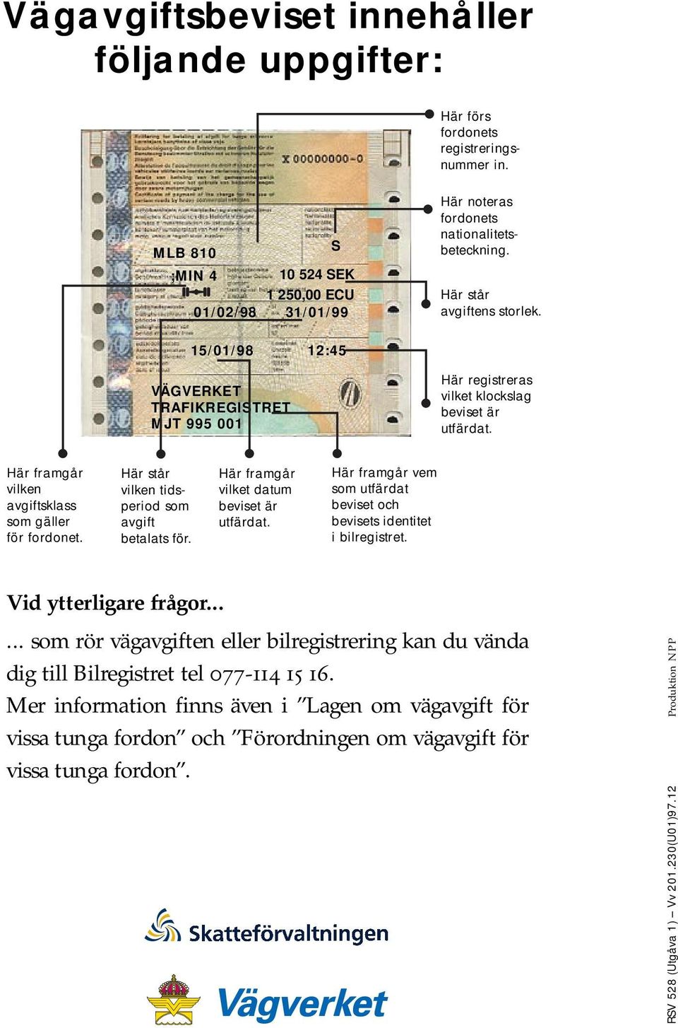 Här står vilken tidsperiod som avgift betalats för. Här framgår vilket datum beviset är utfärdat. Här framgår vem som utfärdat beviset och bevisets identitet i bilregistret. Vid ytterligare frågor.