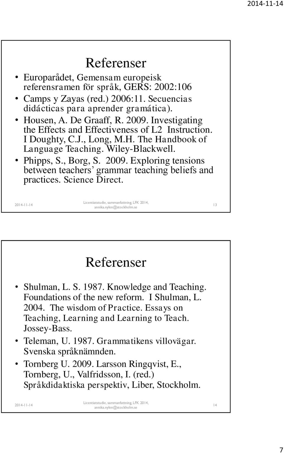 Exploring tensions between teachers grammar teaching beliefs and practices. Science Direct. 13 Referenser Shulman, L. S. 1987. Knowledge and Teaching. Foundations of the new reform. I Shulman, L.