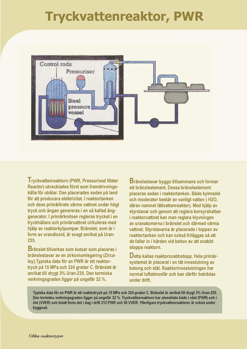 I primärkretsen regleras trycket i en tryckhållare och primärvattnet cirkuleras med hjälp av reaktorkylpumpar. Bränslet, som är i form av urandioxid, är svagt anrikat på Uran- 235.