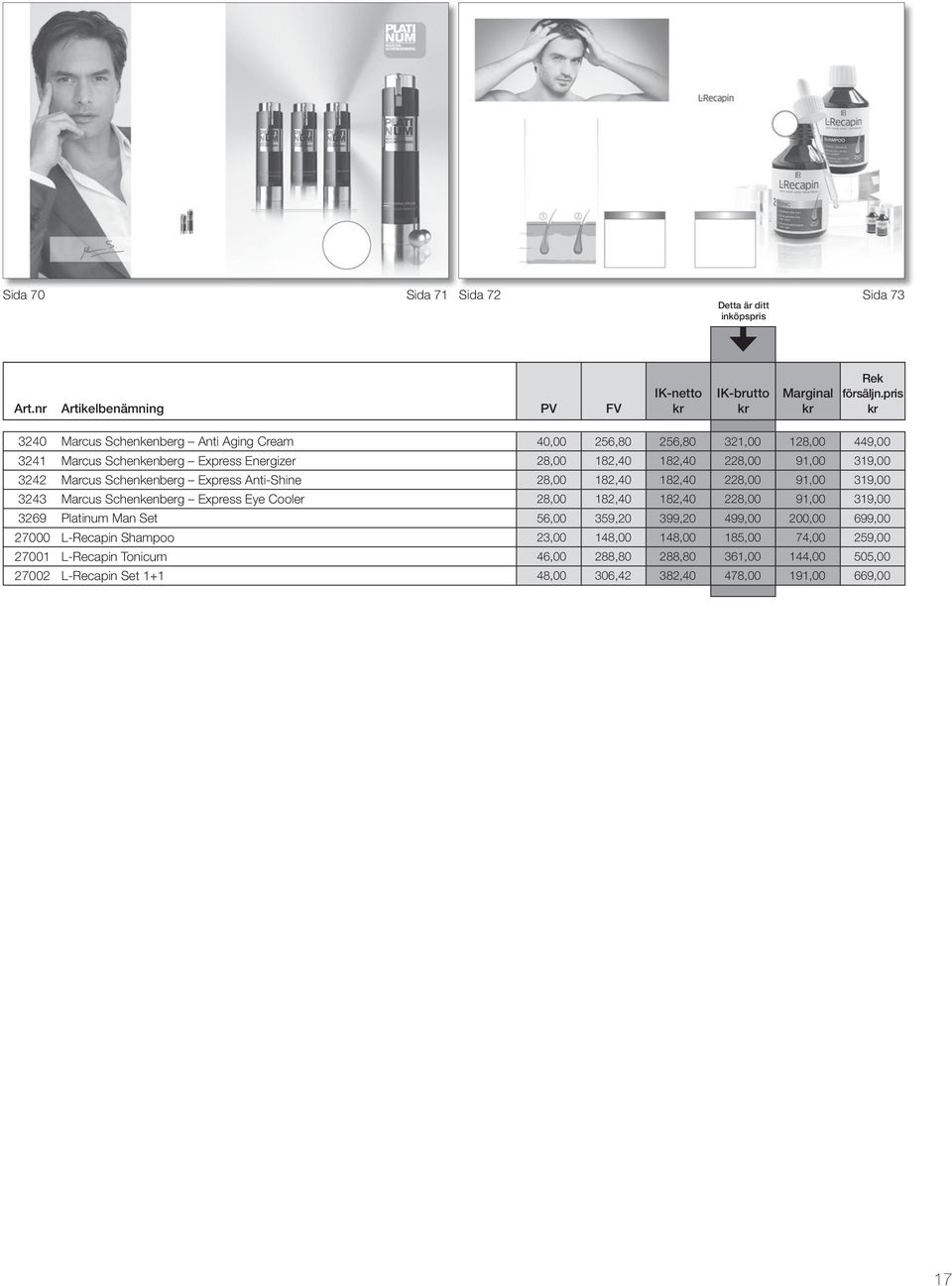 Schenkenberg Express Eye Cooler 28,00 182,40 182,40 228,00 91,00 319,00 3269 Platinum Man Set 56,00 359,20 399,20 499,00 200,00 699,00 27000 L-Recapin