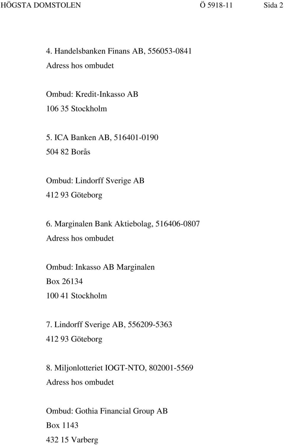 ICA Banken AB, 516401-0190 504 82 Borås Ombud: Lindorff Sverige AB 412 93 Göteborg 6.