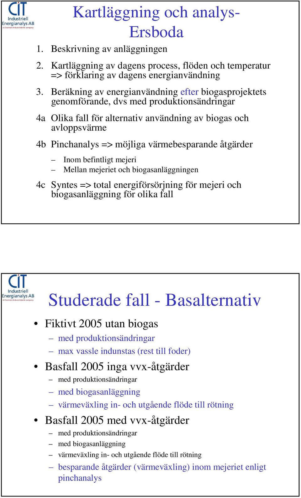 värmebesparande åtgärder Inom befintligt mejeri Mellan mejeriet och biogasanläggningen 4c Syntes => total energiförsörjning för mejeri och biogasanläggning för olika fall Studerade fall -