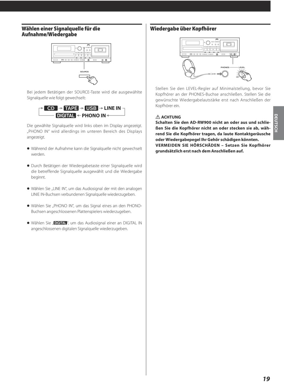 Stellen Sie den LEVEL-Regler auf Minimalstellung, bevor Sie Kopfhö rer an der PHONES-Buchse anschließen. Stellen Sie die gewünschte Wiedergabelautstärke erst nach Anschließen der Kopfhörer ein.