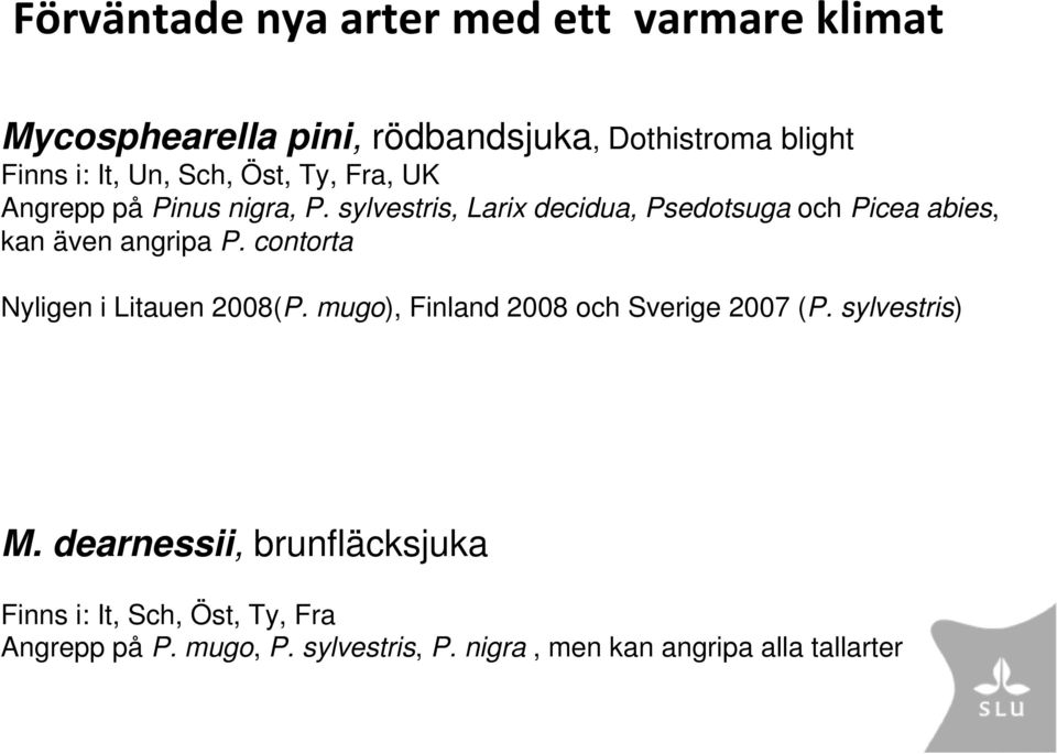 sylvestris, Larix decidua, Psedotsuga och Picea abies, kan även angripa P. contorta Nyligen i Litauen 2008(P.