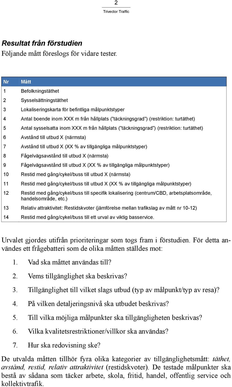 sysselsatta inom XXX m från hållplats ( täckningsgrad ) (restriktion: turtäthet) 6 Avstånd till utbud X (närmsta) 7 Avstånd till utbud X (XX % av tillgängliga målpunktstyper) 8 Fågelvägsavstånd till