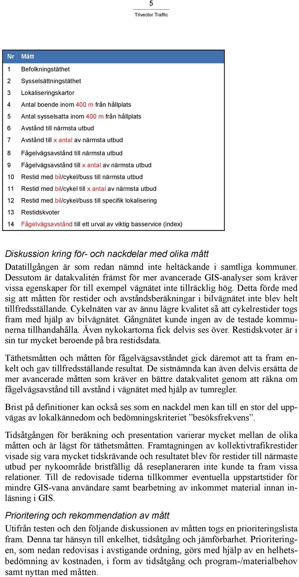 till x antal av närmsta utbud 12 Restid med bil/cykel/buss till specifik lokalisering 13 Restidskvoter 14 Fågelvägsavstånd till ett urval av viktig basservice (index) Diskussion kring för- och
