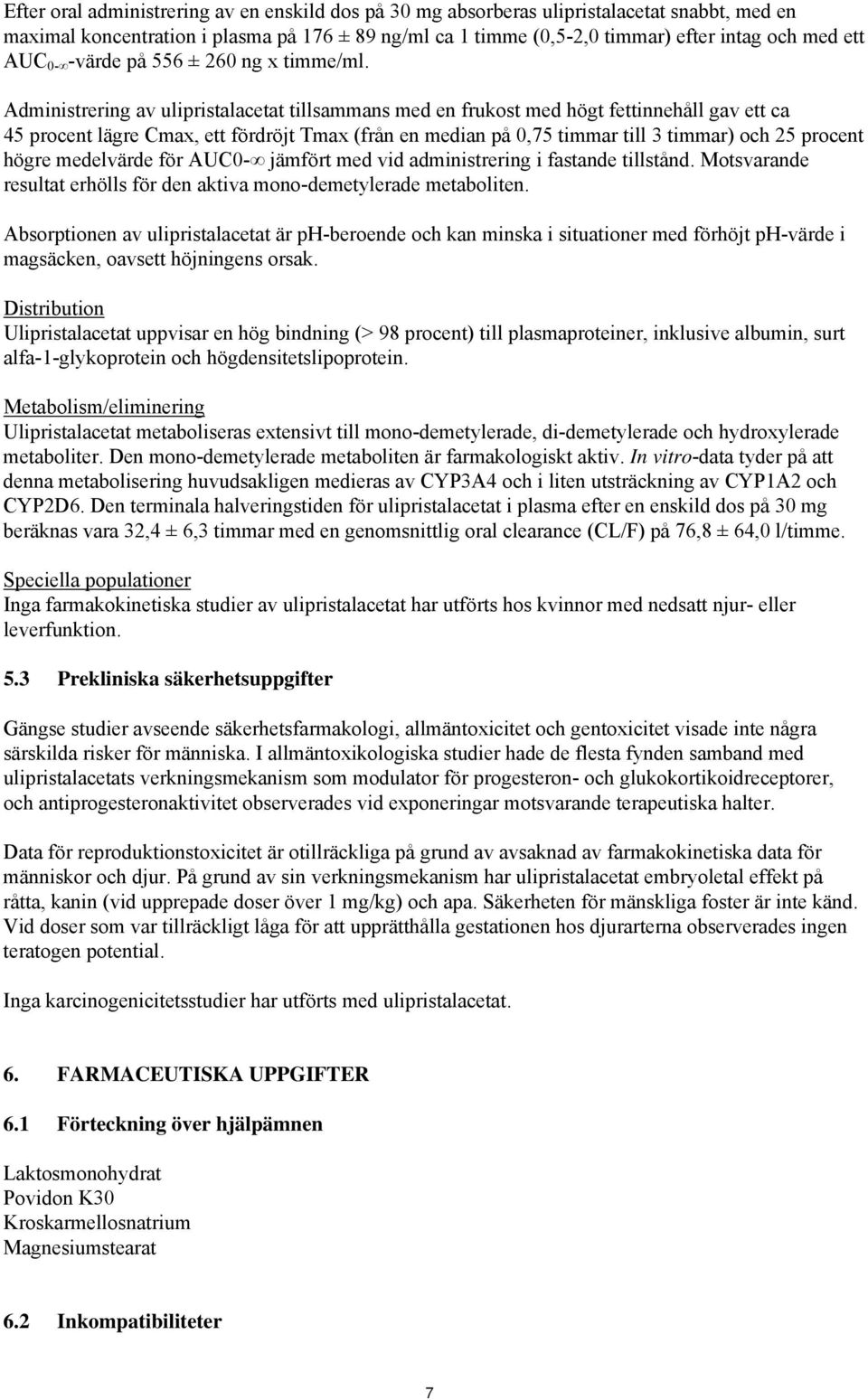 Administrering av ulipristalacetat tillsammans med en frukost med högt fettinnehåll gav ett ca 45 procent lägre Cmax, ett fördröjt Tmax (från en median på 0,75 timmar till 3 timmar) och 25 procent