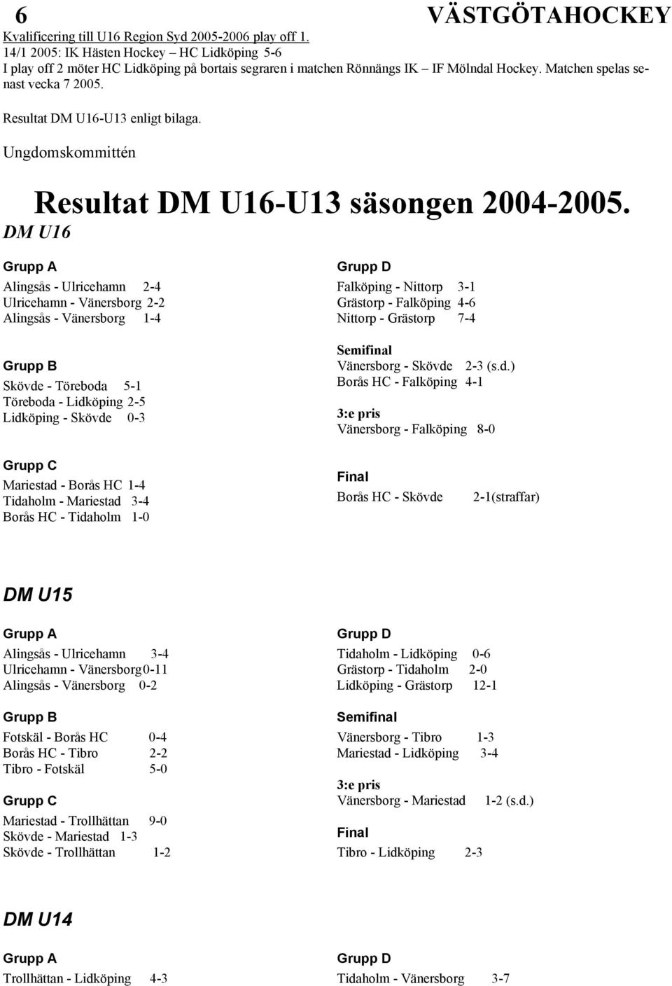 DM U16 Grupp A Alingsås - Ulricehamn 2-4 Ulricehamn - Vänersborg 2-2 Alingsås - Vänersborg 1-4 Grupp B Skövde - Töreboda 5-1 Töreboda - Lidköping 2-5 Lidköping - Skövde 0-3 Grupp D Falköping -
