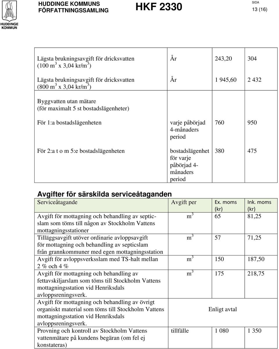 Avgifter för särskilda serviceåtaganden Serviceåtagande Avgift per Ex.