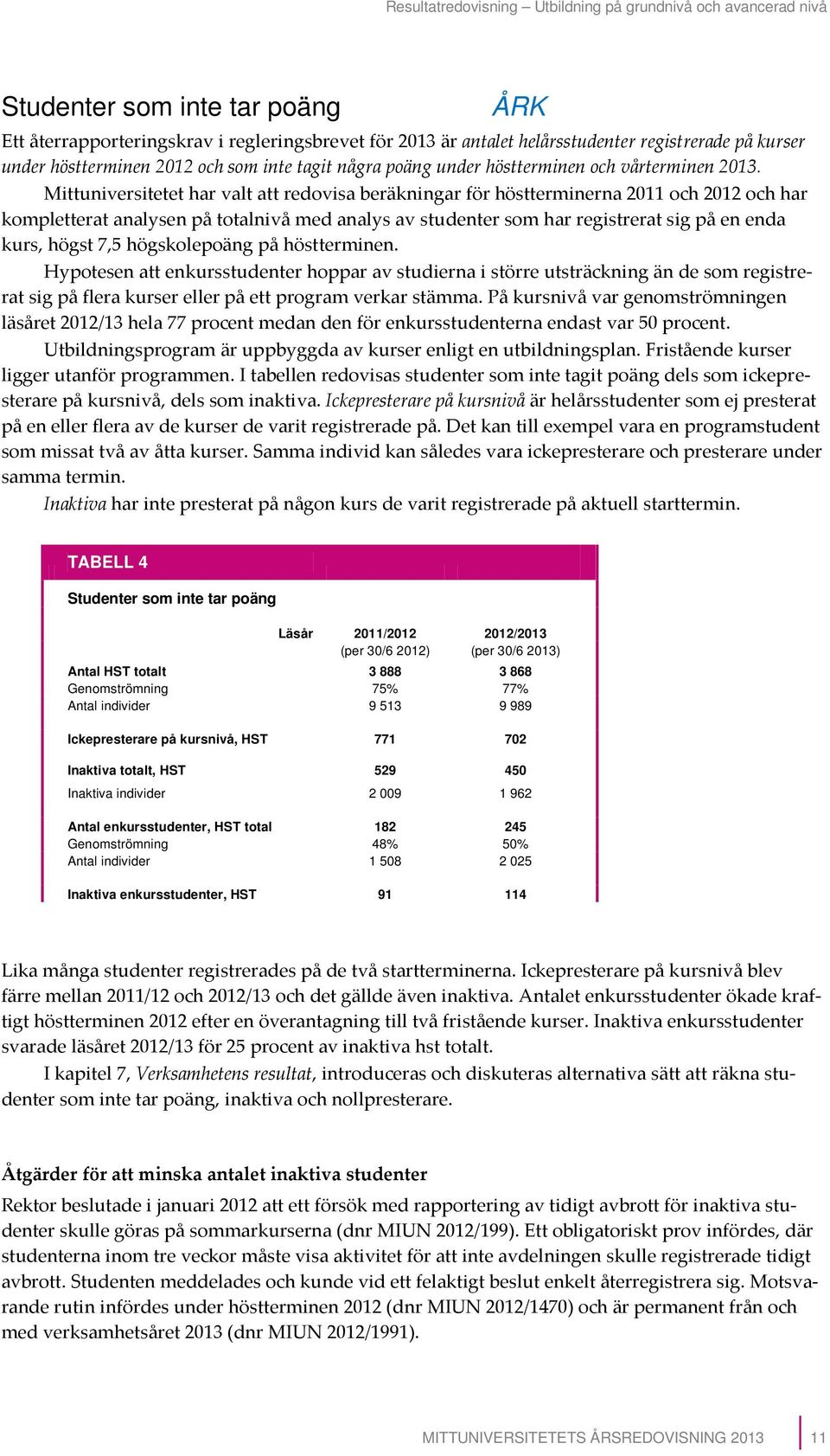 Mittuniversitetet har valt att redovisa beräkningar för höstterminerna 2011 och 2012 och har kompletterat analysen på totalnivå med analys av studenter som har registrerat sig på en enda kurs, högst