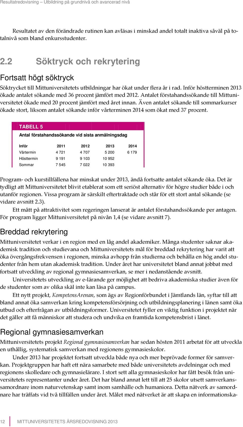 Inför höstterminen 2013 ökade antalet sökande med 36 procent jämfört med 2012. Antalet förstahandssökande till Mittuniversitetet ökade med 20 procent jämfört med året innan.