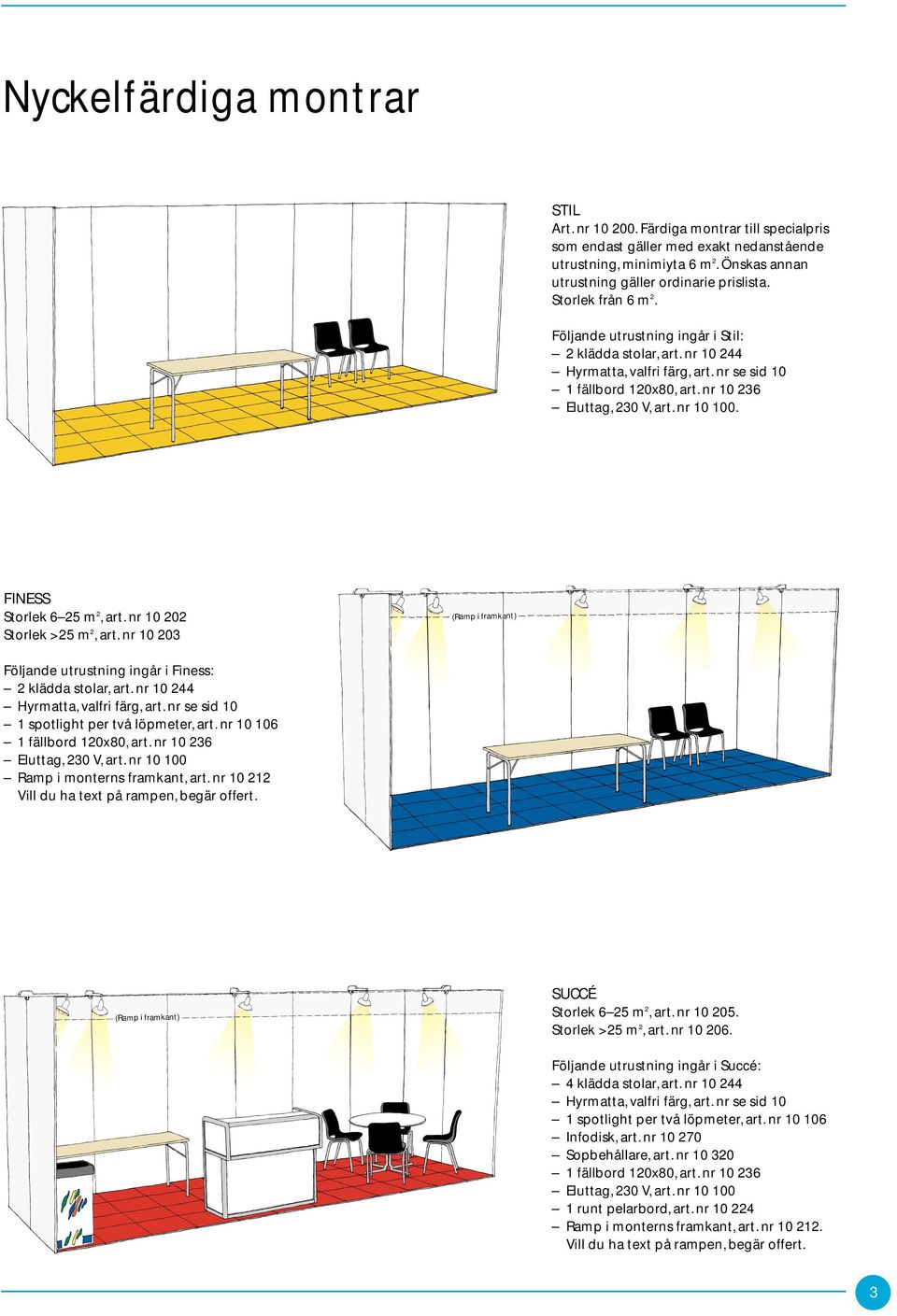 FINESS Storlek 6 25 m 2, art. nr 10 202 Storlek >25 m 2, art. nr 10 203 (Ramp i framkant) Följande utrustning ingår i Finess: 2 klädda stolar, art. nr 10 244 Hyrmatta, valfri färg, art.
