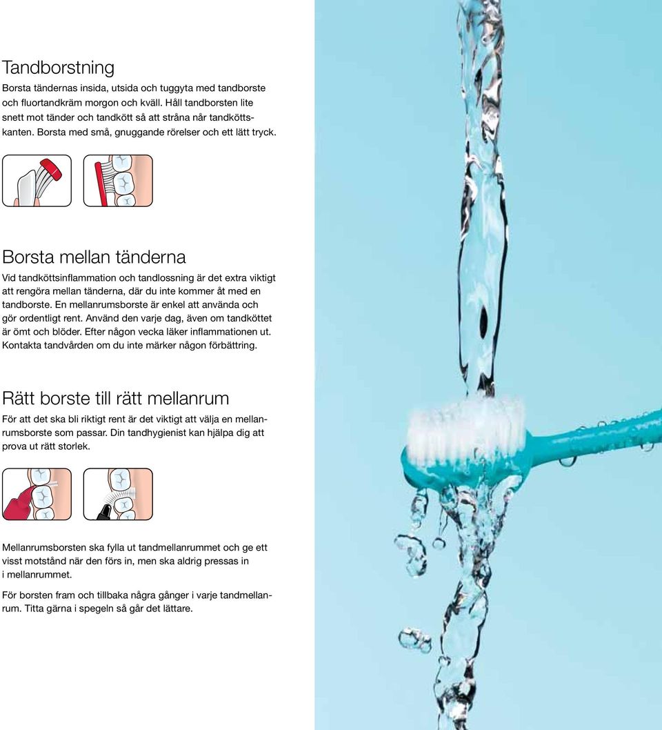 Borsta mellan tänderna Vid tandköttsinflammation och tandlossning är det extra viktigt att rengöra mellan tänderna, där du inte kommer åt med en tandborste.