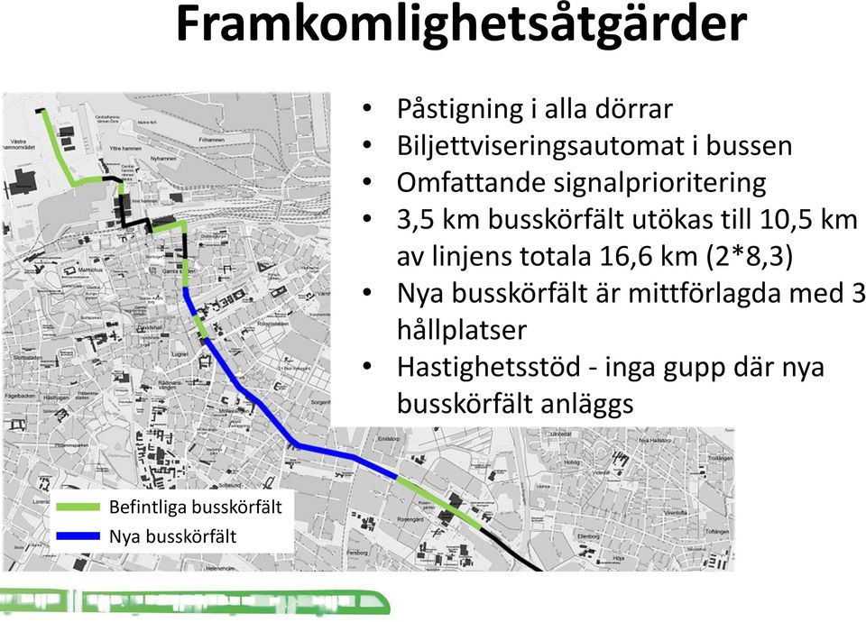 totala 16,6 km (2*8,3) Nya busskörfält är mittförlagda med 3 hållplatser