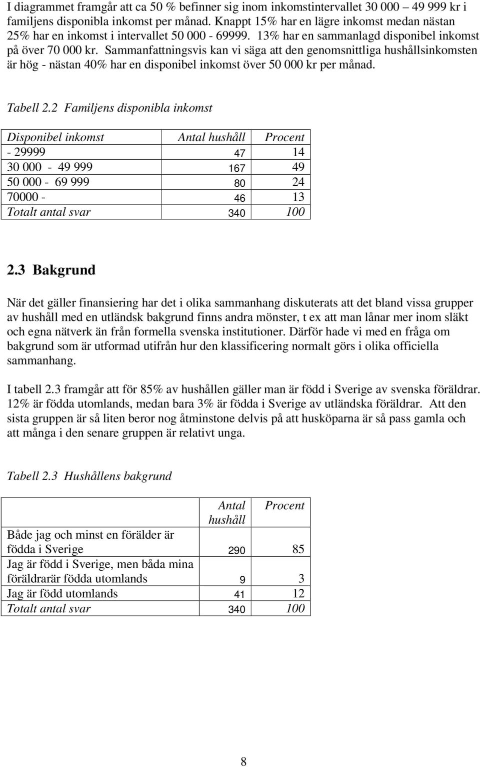 Sammanfattningsvis kan vi säga att den genomsnittliga hushållsinkomsten är hög - nästan 40% har en disponibel inkomst över 50 000 kr per månad. Tabell 2.