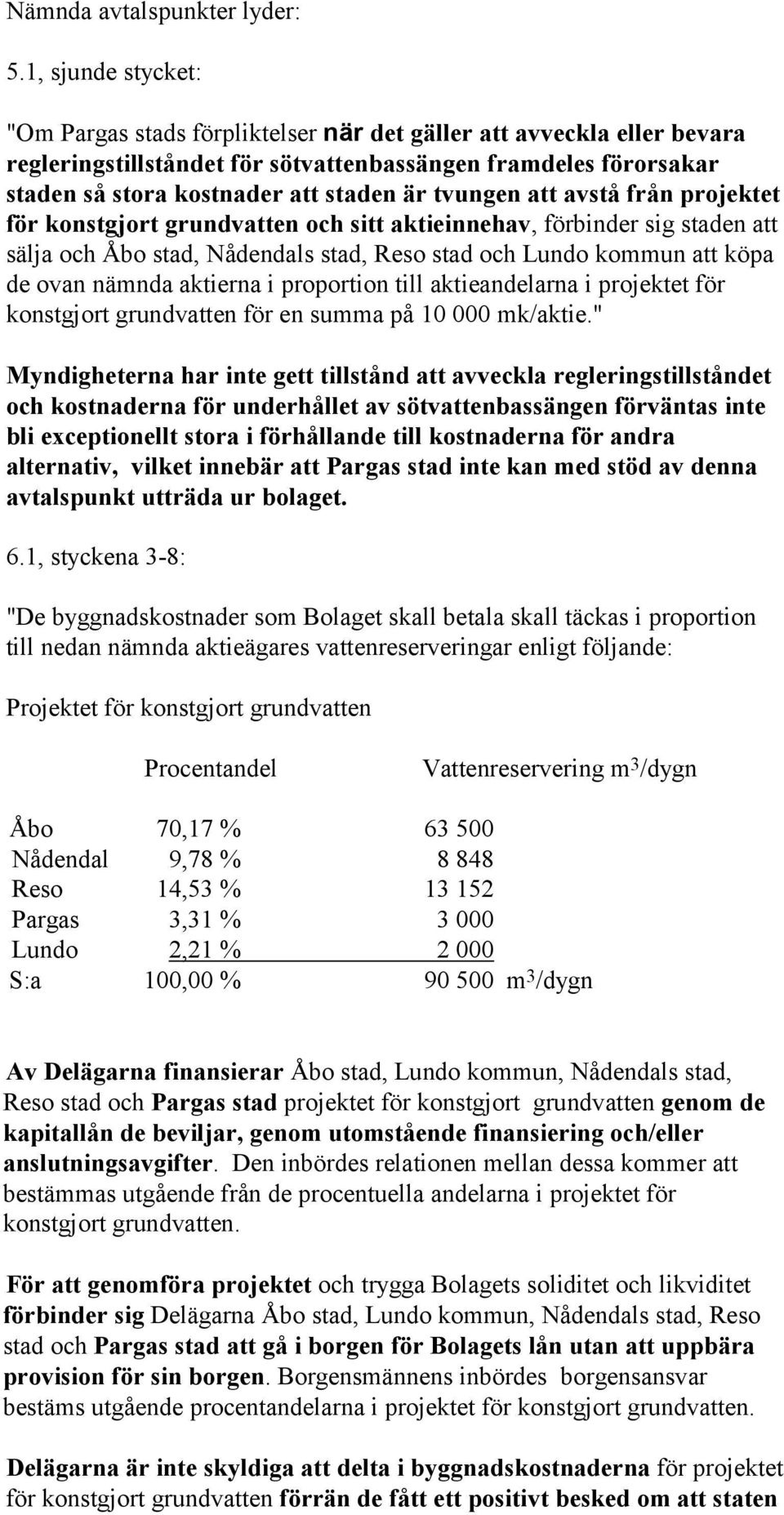 tvungen att avstå från projektet för konstgjort grundvatten och sitt aktieinnehav, förbinder sig staden att sälja och Åbo stad, Nådendals stad, Reso stad och Lundo kommun att köpa de ovan nämnda