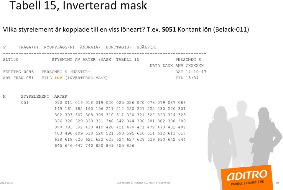 TABELL 15 PERSONEC S DBID DAXX ANV CXXXXXX FÖRETAG 0096 PERSONEC S *MASTER* DAT 14-10-17 ART FRÅN 051 TILL INV (INVERTERAD MASK) TID 15:34 M STYRELEMENT ARTER 051 010 011 016 018 019 020 025 026 070