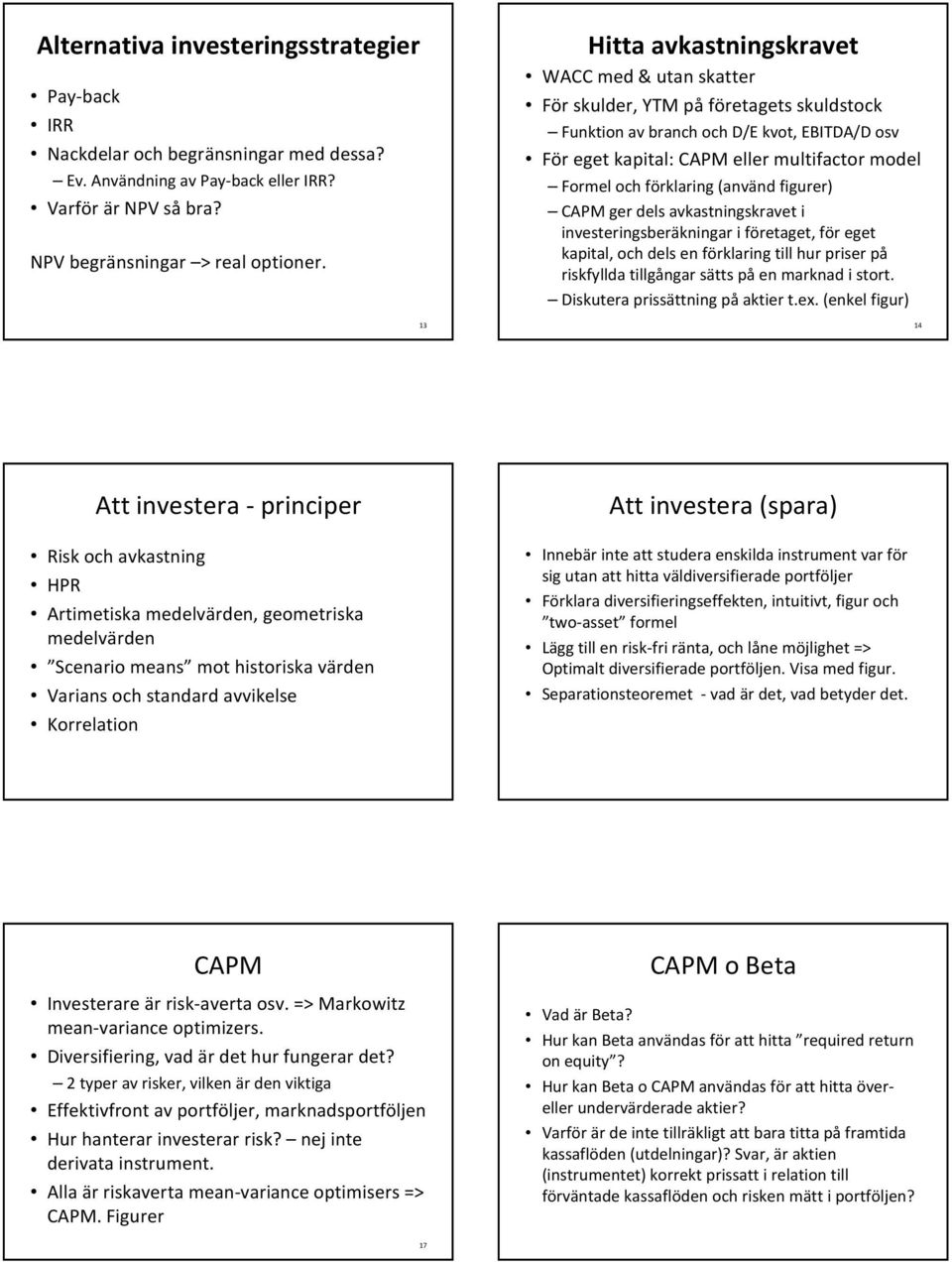 förklaring (använd figurer) CAPM ger dels avkastningskravet i investeringsberäkningar i företaget, för eget kapital, och dels en förklaring till hur priser på riskfyllda tillgångar sätts på en