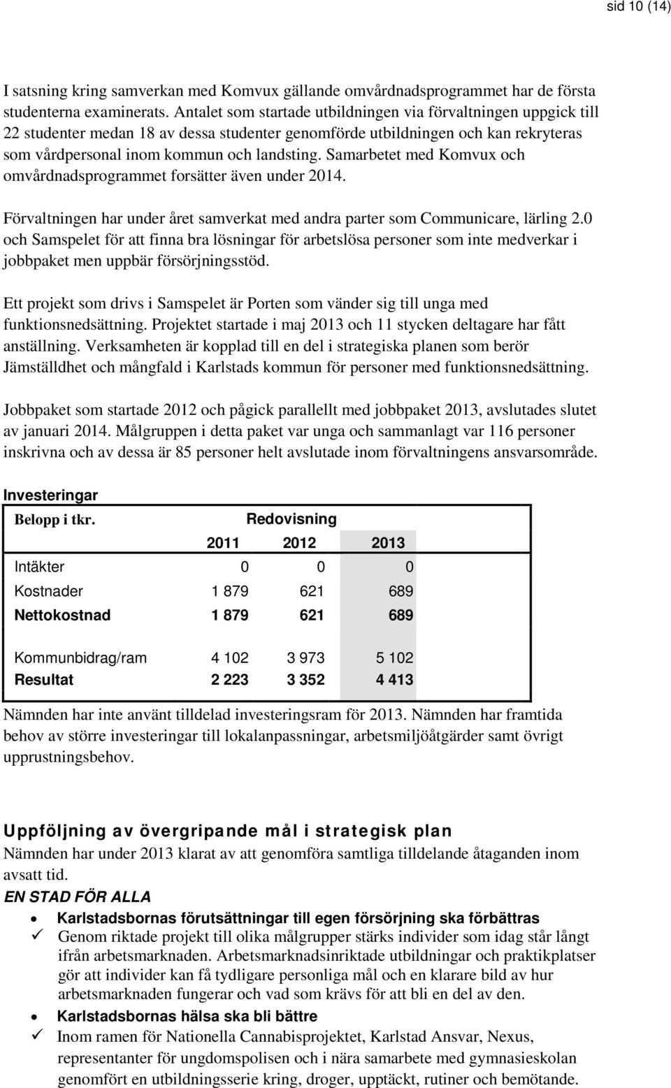 Samarbetet med Komvux och omvårdnadsprogrammet forsätter även under 2014. Förvaltningen har under året samverkat med andra parter som Communicare, lärling 2.