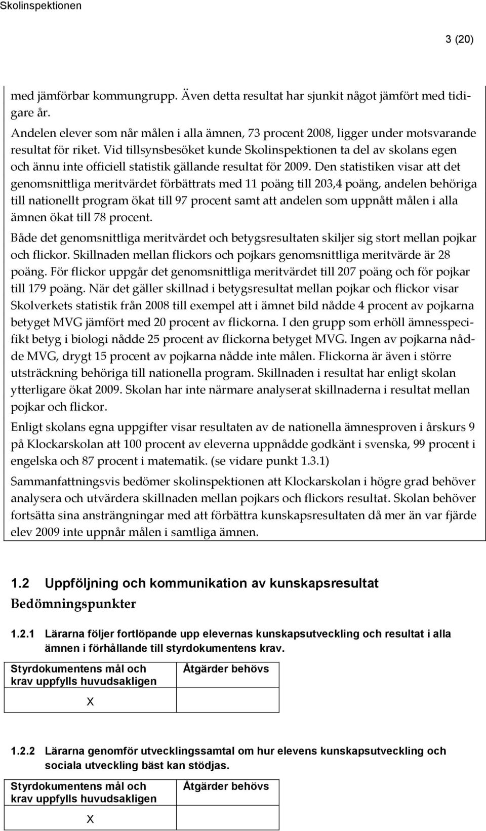 Vid tillsynsbesöket kunde Skolinspektionen ta del av skolans egen och ännu inte officiell statistik gällande resultat för 2009.