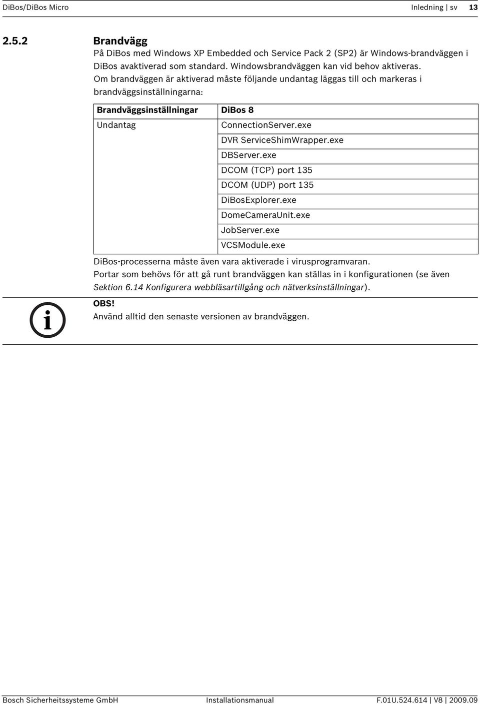 Om brandväggen är aktiverad måste följande undantag läggas till och markeras i brandväggsinställningarna: Brandväggsinställningar DiBos 8 Undantag ConnectionServer.exe DVR ServiceShimWrapper.