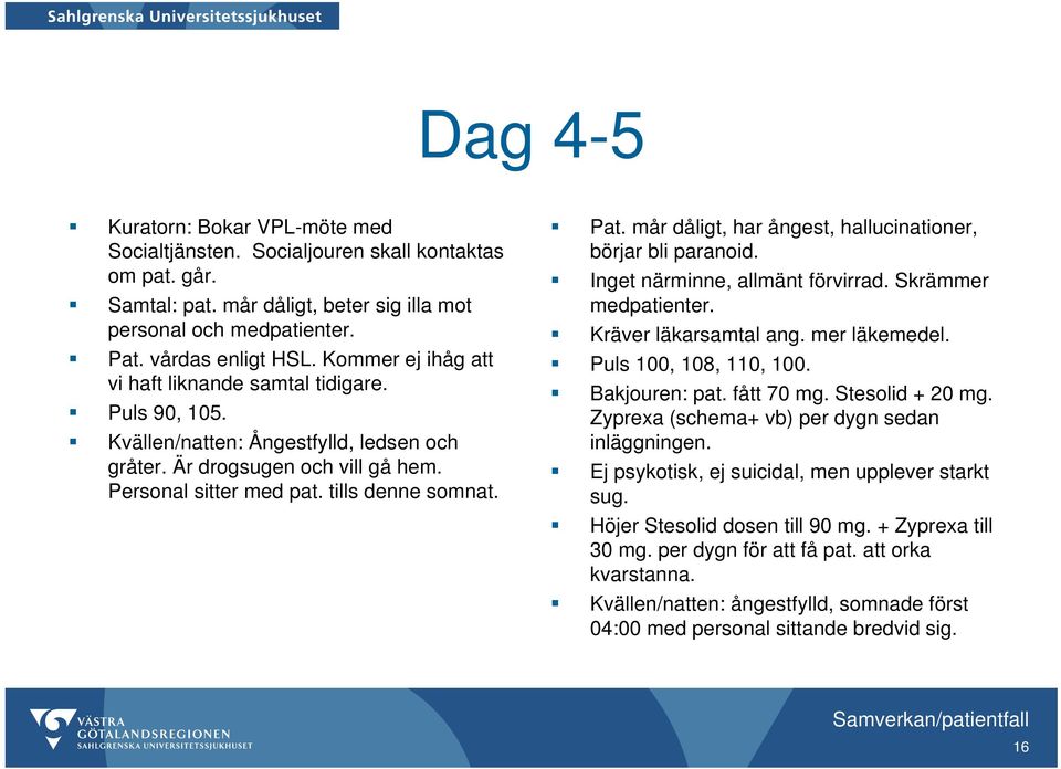 mår dåligt, har ångest, hallucinationer, börjar bli paranoid. Inget närminne, allmänt förvirrad. Skrämmer medpatienter. Kräver läkarsamtal ang. mer läkemedel. Puls 100, 108, 110, 100. Bakjouren: pat.