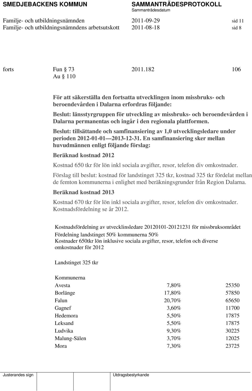 i Dalarna permanentas och ingår i den regionala plattformen. Beslut: tillsättande och samfinansiering av 1,0 utvecklingsledare under perioden 2012-01-01 2013-12-31.