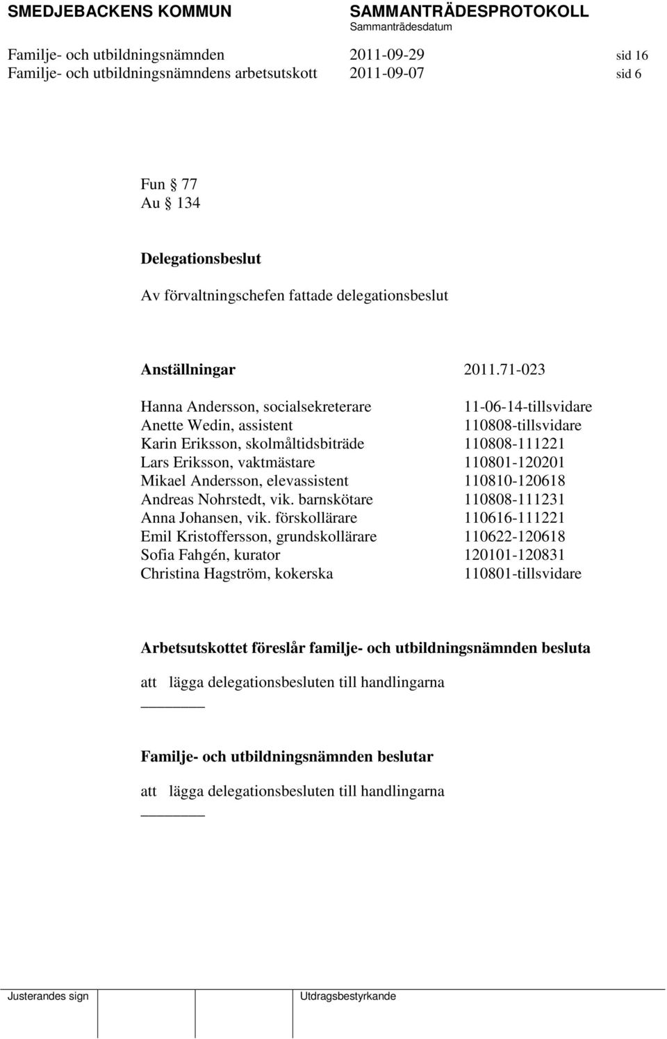 71-023 Hanna Andersson, socialsekreterare 11-06-14-tillsvidare Anette Wedin, assistent 110808-tillsvidare Karin Eriksson, skolmåltidsbiträde 110808-111221 Lars Eriksson, vaktmästare 110801-120201