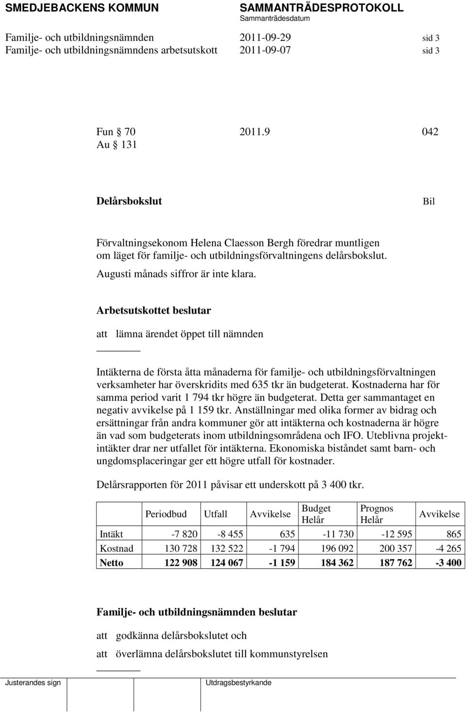 Arbetsutskottet beslutar att lämna ärendet öppet till nämnden Intäkterna de första åtta månaderna för familje- och utbildningsförvaltningen verksamheter har överskridits med 635 tkr än budgeterat.