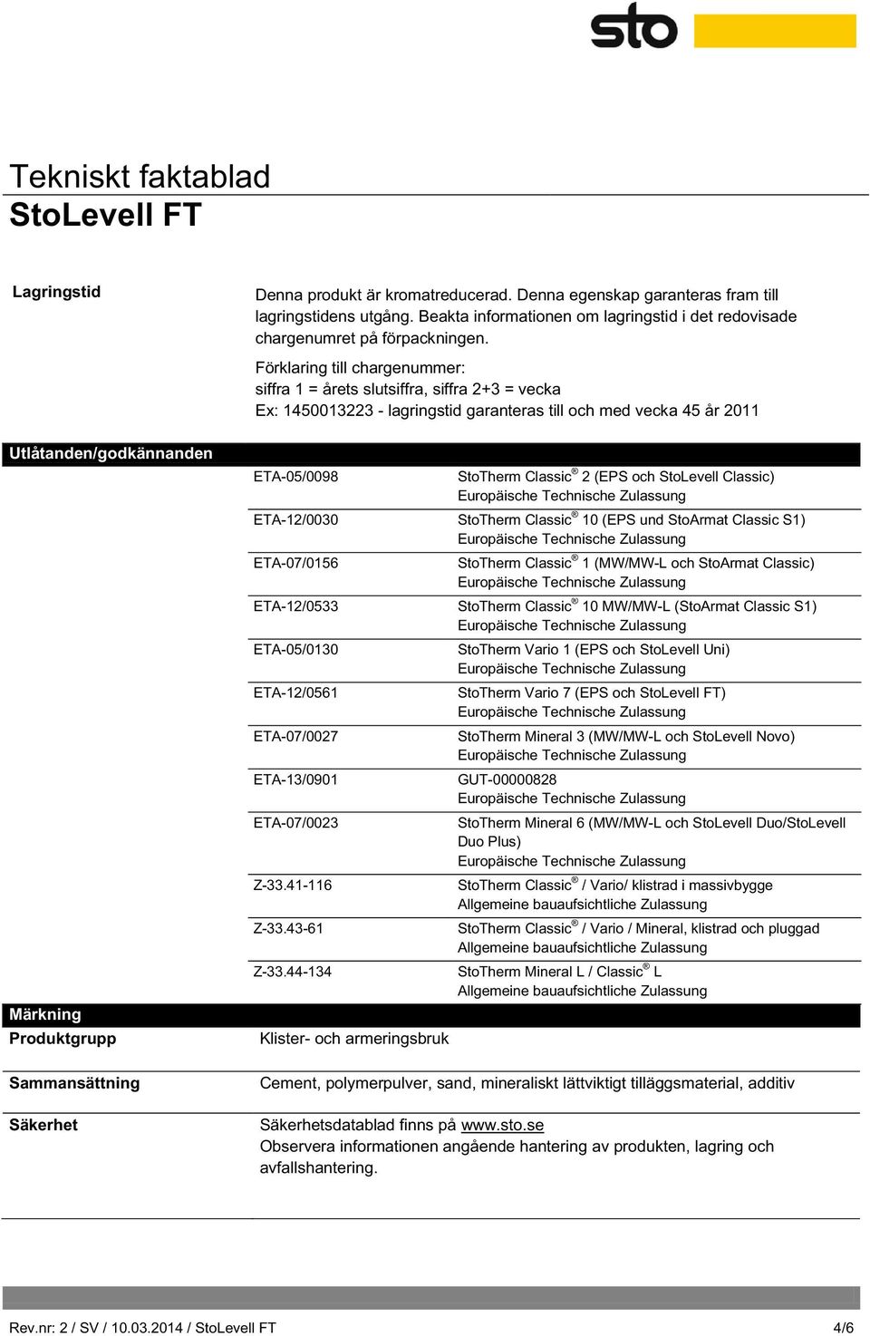 Förklaring till chargenummer: siffra 1 = årets slutsiffra, siffra 2+3 = vecka Ex: 1450013223 - lagringstid garanteras till och med vecka 45 år 2011 ETA-05/0098 StoTherm Classic 2 (EPS och StoLevell