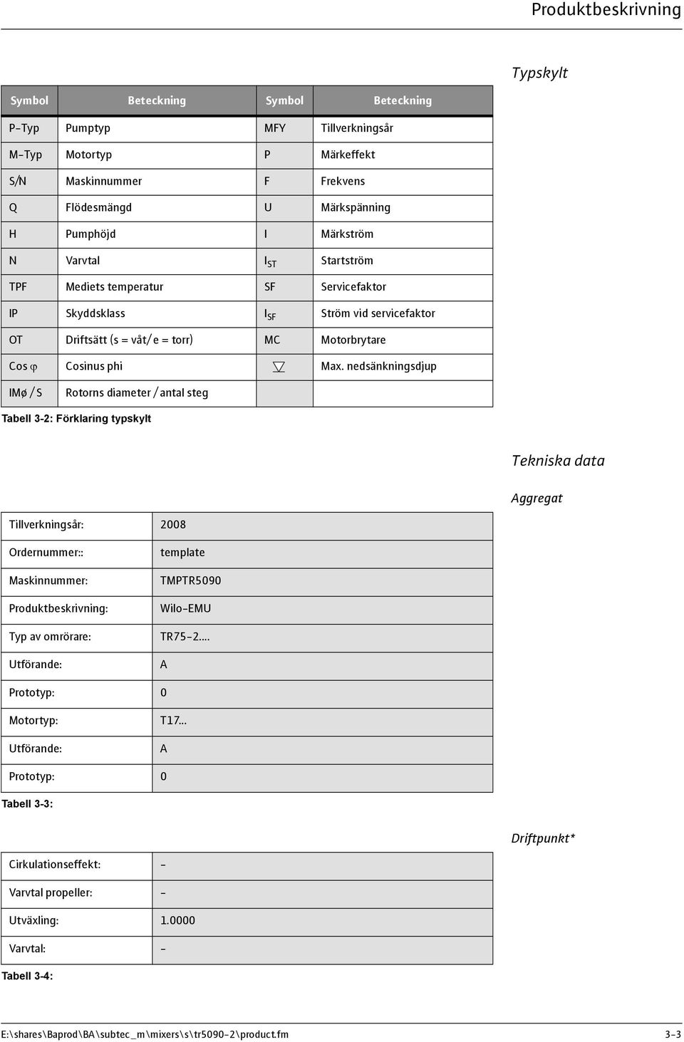 nedsänkningsdjup IMø / S Rotorns diameter / antal steg Tabell 3-2: Förklaring typskylt Tekniska data Aggregat Tillverkningsår: 2008 Ordernummer:: Maskinnummer: Produktbeskrivning: Typ av omrörare: