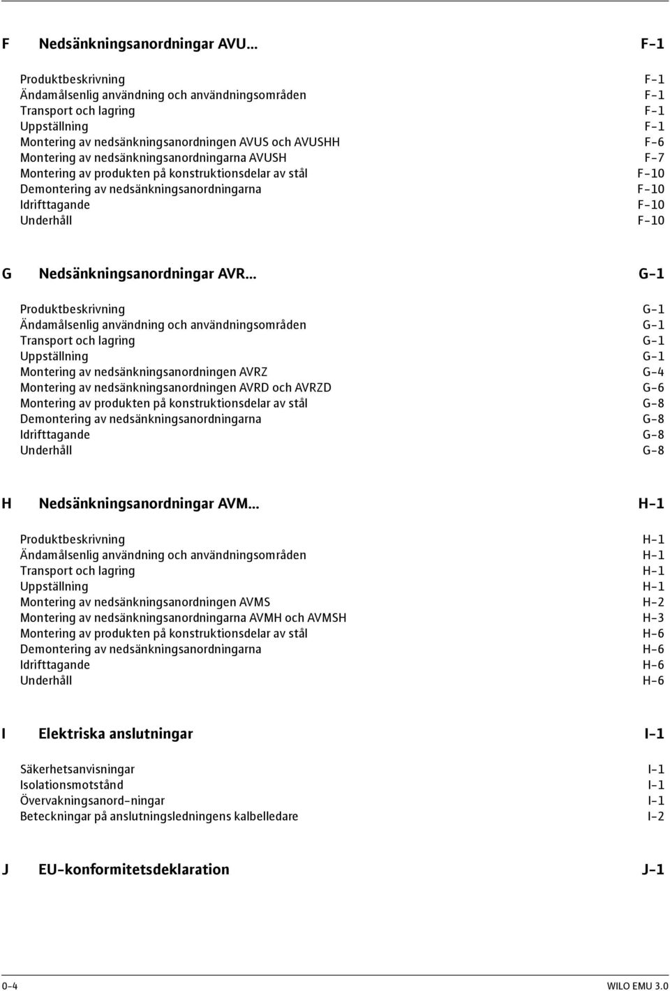 Nedsänkningsanordningar AVR G-1 Produktbeskrivning G-1 Ändamålsenlig användning och användningsområden G-1 Transport och lagring G-1 Uppställning G-1 Montering av nedsänkningsanordningen AVRZ G-4