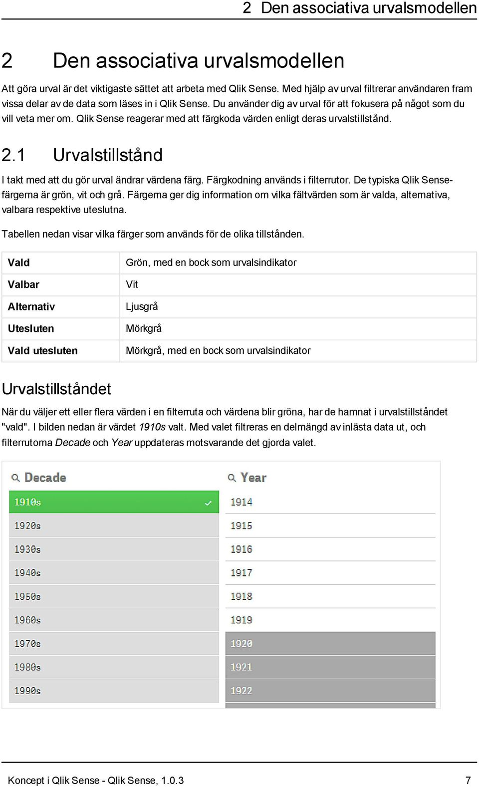 Qlik Sense reagerar med att färgkoda värden enligt deras urvalstillstånd. 2.1 Urvalstillstånd I takt med att du gör urval ändrar värdena färg. Färgkodning används i filterrutor.