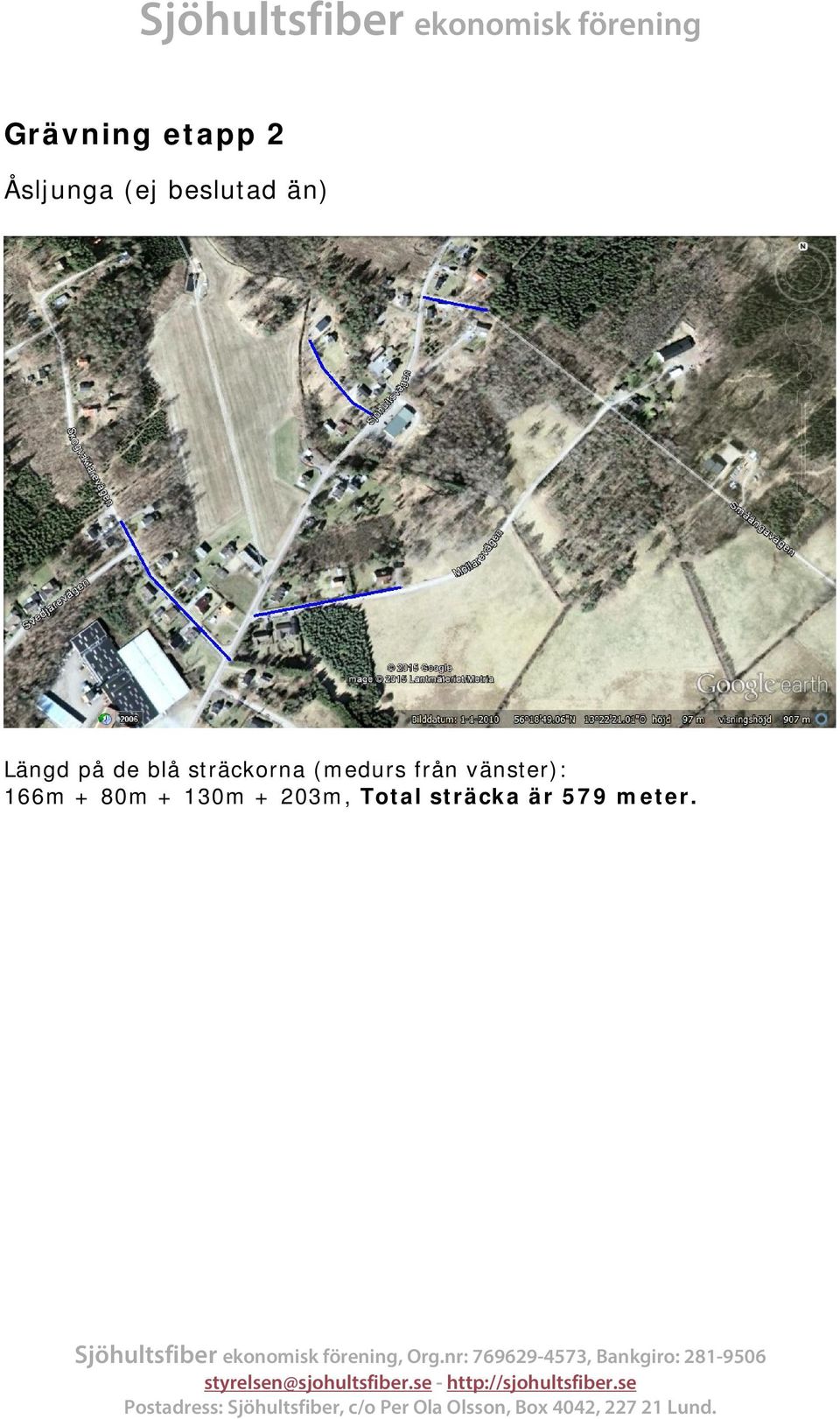 130m + 203m, Total sträcka är 579 meter.