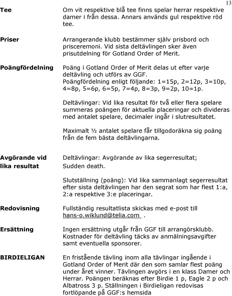 Poäng i Gotland Order of Merit delas ut efter varje deltävling och utförs av GGF. Poängfördelning enligt följande: 1=15p, 2=12p, 3=10p, 4=8p, 5=6p, 6=5p, 7=4p, 8=3p, 9=2p, 10=1p.