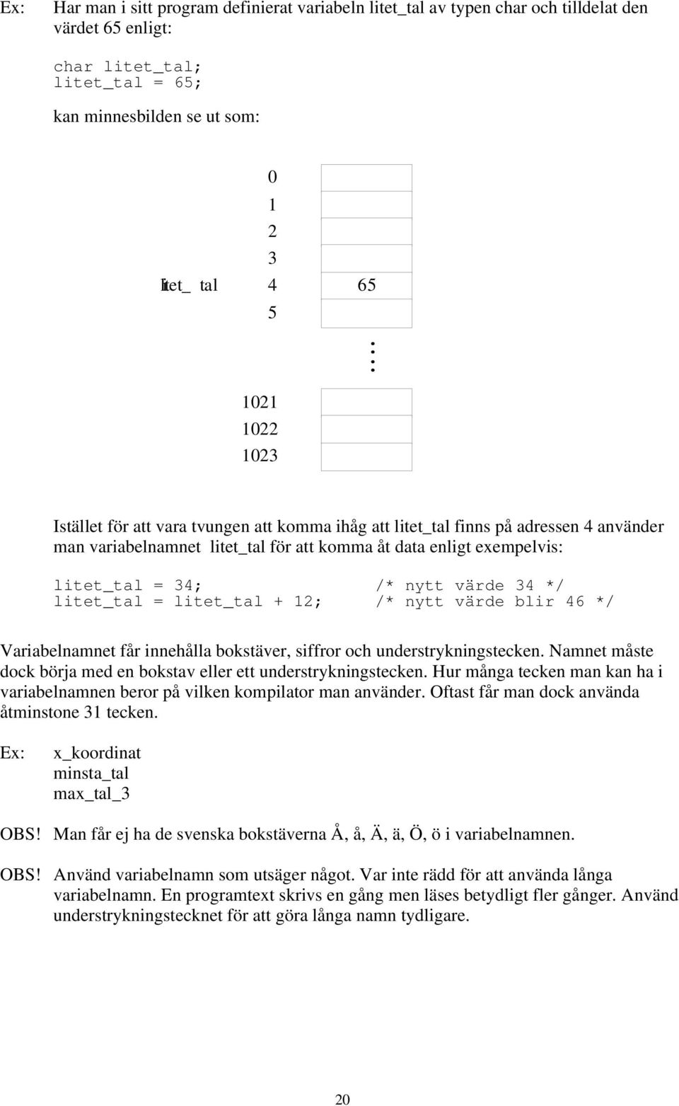 litet_tal = litet_tal + 12; /* nytt värde blir 46 */ Variabelnamnet får innehålla bokstäver, siffror och understrykningstecken Namnet måste dock börja med en bokstav eller ett understrykningstecken