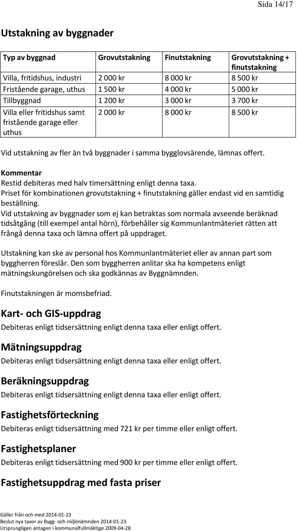 bygglovsärende, lämnas offert. Restid debiteras med halv timersättning enligt denna taxa. Priset för kombinationen grovutstakning + finutstakning gäller endast vid en samtidig beställning.