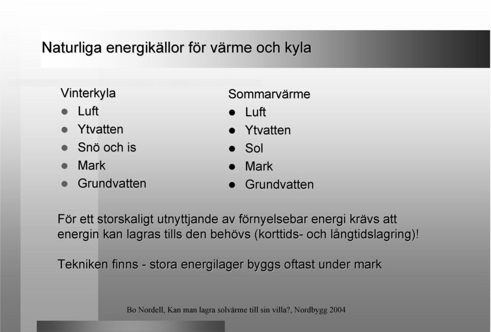 utnyttjande av förnyelsebar energi krävs att energin kan lagras tills den behövs