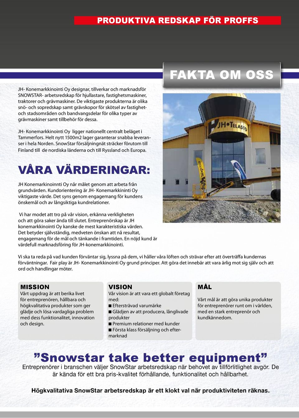 FAKTA OM OSS JH- Konemarkkinointi Oy ligger nationellt centralt beläget i Tammerfors. Helt nytt 1500m2 lager garanterar snabba leveranser i hela Norden.