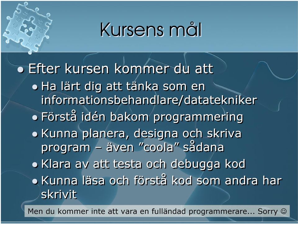 designa och skriva program även coola sådana Klara av att testa och debugga kod Kunna