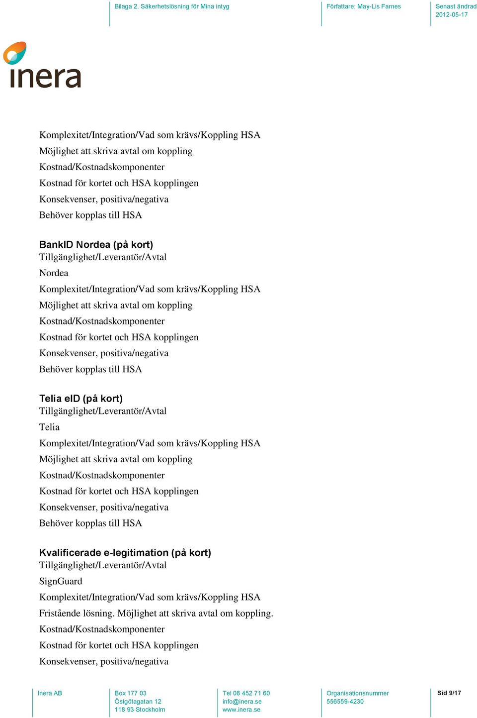 e-legitimation (på kort) Tillgänglighet/Leverantör/Avtal SignGuard Komplexitet/Integration/Vad som krävs/koppling HSA Fristående lösning. Möjlighet att skriva avtal om koppling.